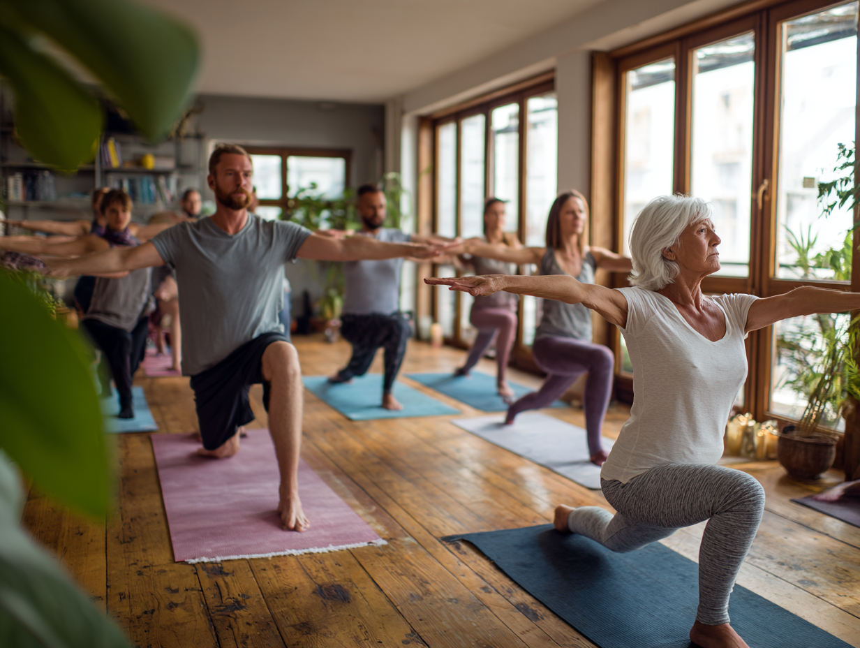 Група людей різного віку і національностей практикує йогу разом в затишному приміщенні з природним освітленням