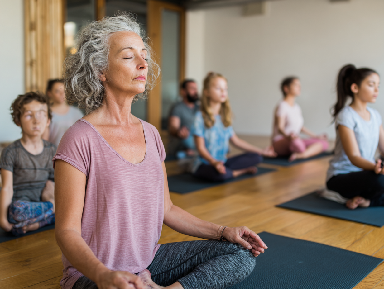 Сім'я різного віку практикує йогу разом на природі, демонструючи гармонію поколінь
