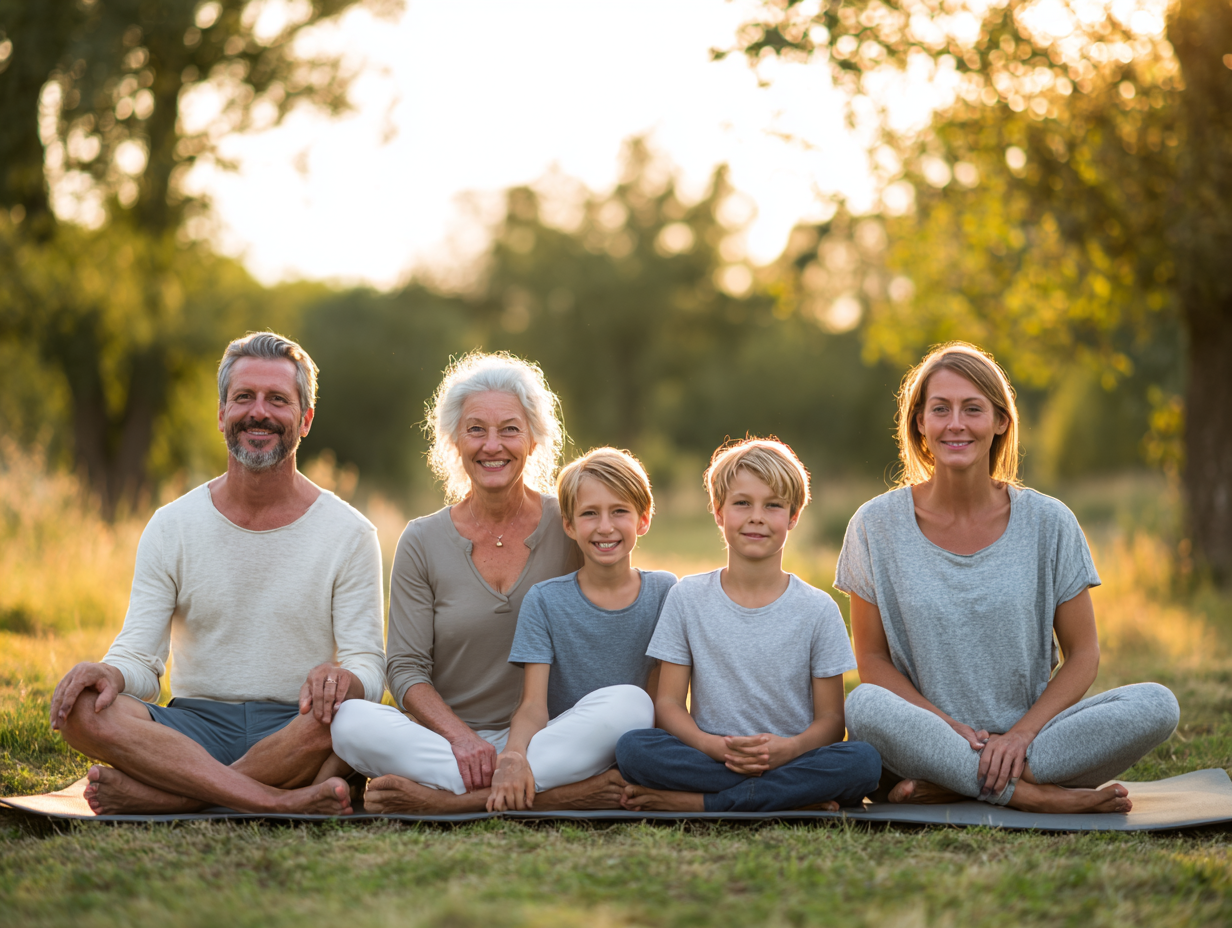 Інструктор йоги демонструє дихальну техніку різновіковій групі учасників